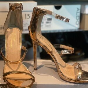 Qupid Gold Stiletto Heels with Minimalist Straps